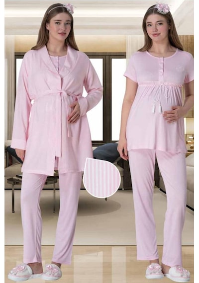 Mecit Pijama Mecit 6001 Pembe Çizgili Sabahlıklı Lohusa Pijama Takımı