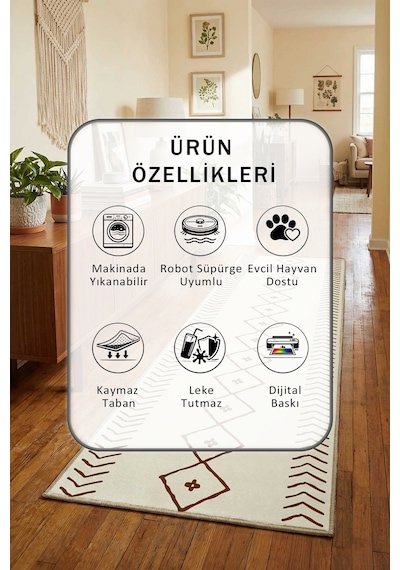 İskandinav Krem Kahve Dijital Baskılı Kaymaz Yıkanabilir Yolluk