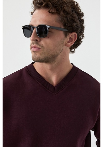 Grımelange Elıon Erkek V Yakalı Bordo Sweatshirt