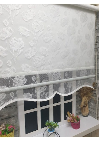 Storburada Çift Mekanizmalı Kirli Beyaz Tül Perde Ve Ekru Stor Perde Stb1093 Beyaz