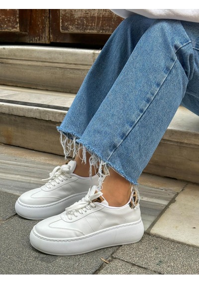 Erva'nın Butiği Beyaz Cilt Leoy Leopar Bağcıklı Kadın Sneakers-5724