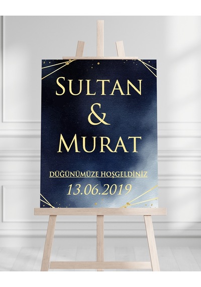 Söz Nişan Düğün İçin 50x70 Karşılama Panosu - Mavi Desenli Beyaz