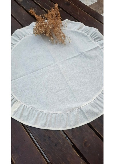 60 Cm Yuvarlak Pileli Runner - Sehpa Zigon Örtüsü - Masa Ortası Örtü - Keten Runner - 1 Adet Açık Bej
