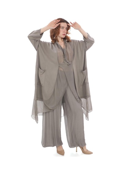 Bohem Stil Italyan Ipek Detaylı Oversize Kap Bluz- Wes Pantolon Takım-8789 Vizon