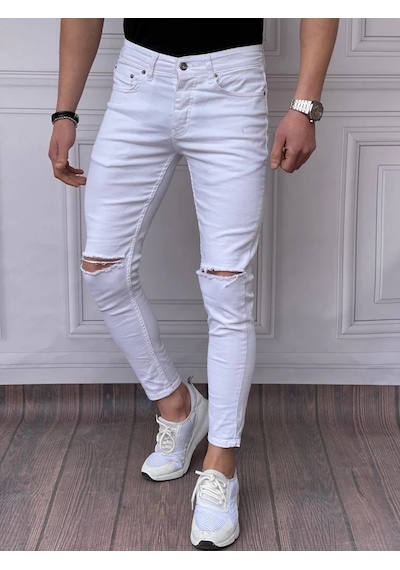 Modefendi Skinyfit Yüksek Kalite Likralı Diz Yırtık Detaylı Kot Pantolon Beyaz