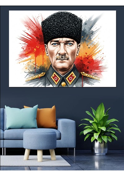 Kalpak Başlıklı Mustafa Kemal Atatürk Sulu Boya Portre Dekoratif Kanvas - Mdf Ahşap Tablo