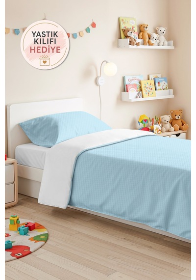 Açık Mavi Düz Renk Genç Odası Tek Kişilik Pike Takımı - Kapitone Açık Mavi 160x220 Cm Yatak Örtüsü Krem
