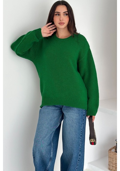 Femelle Yeşil Kadın Oversize Basic Triko Kazak - Standart Beden