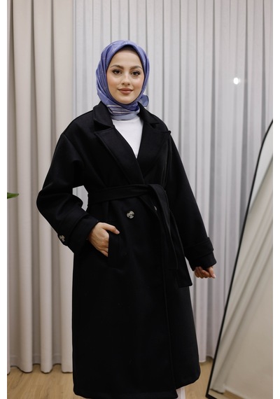 Moonsc Kadın Ceket Yaka Kruvaze Kuşaklı Kaşe Kaban Premium - Siyah