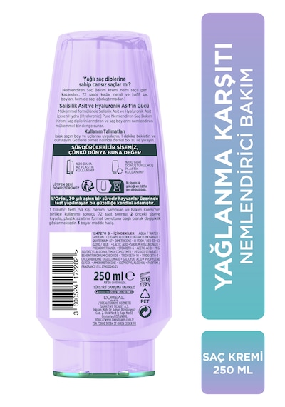 Elseve Hydra [Hyaluronic] Pure Salisilik Asit içeren Yağlanma Karşıtı Nemlendirici Saç Kremi 250 ML
