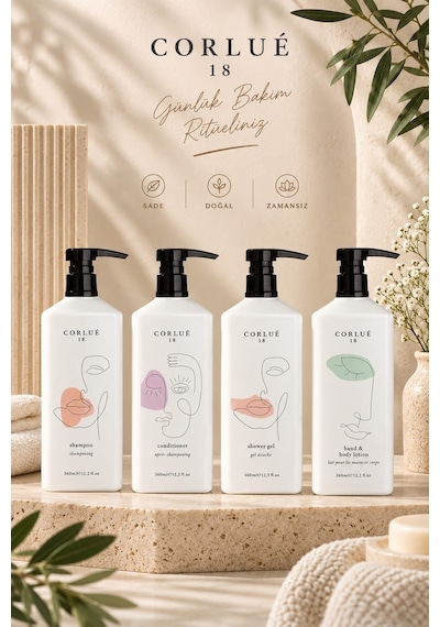 Siyah Kapaklı Corlue 18 Şampuan 360 Ml + Saç Kremi 360 Ml + Duş Jeli 360 Ml + Lotıon 360 Ml Tüm Saçlar