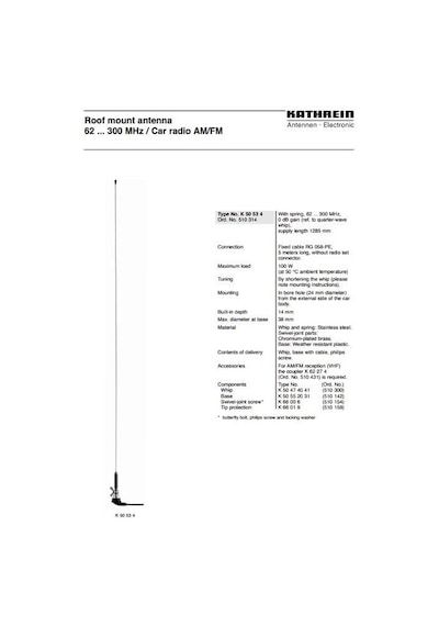 Kathrein K50534 62-300MHz Araba Tavan Anteni 128,5cm 510314