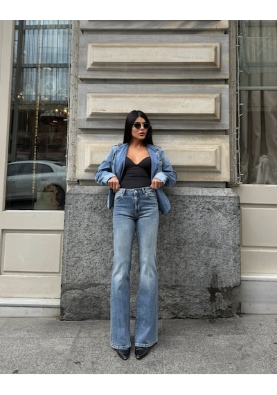 Out Of Standart Kadın Midwaist Flare Yüksek Bel Geniş Paça Jean Pantolon İce Blue
