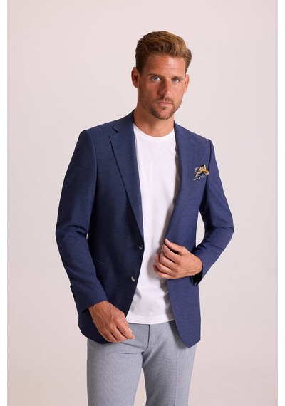 Erkek Lacivert Regular Fit Mono Yaka Keten Ceket