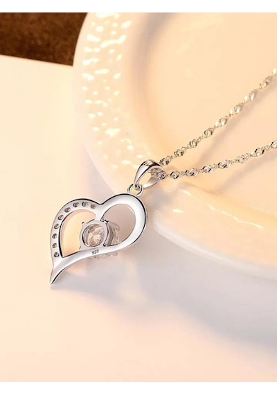 Brezza Lusso Jewelry Gümüş Zirkon Taşlı Kadın Kalp Gümüş Kolye 45 CM Beyaz Taş