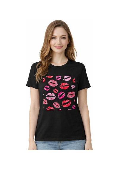 Herkesemoda Öpücük Desen Baskı Detaylı Basic T-shirt Siyah