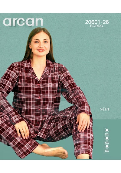 Arcan Battal Süet Düğmeli Uzunkol Pijama Takımı Bordo