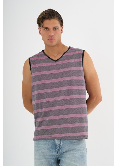 V Yaka Çizgili Kolsuz T-shirt Pembe