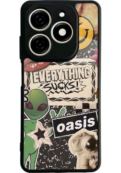Tecno Spark 20c Retro Sticker Tasarımlı Glossy Telefon Kılıfı Siyah