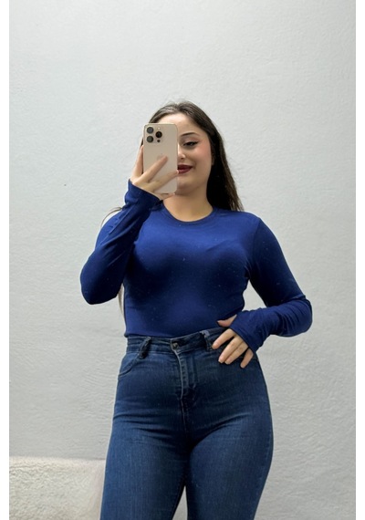 Belendir Kadın Bisiklet Yaka Buzzy Ribana Parmak Geçmeli Body İndigo