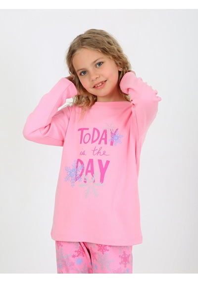 Kız Çocuk Uzun Kollu %100 Pamuklu Pijama Takımı Today Koyu Pembe