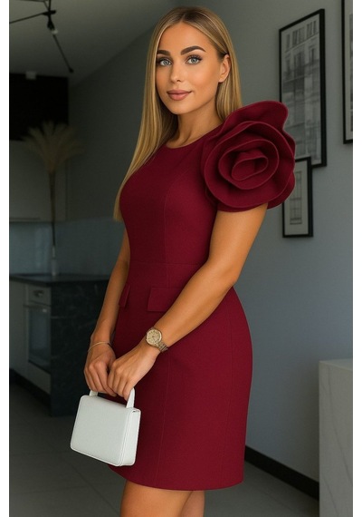Alyn Wear Kadın Kısa Gül Detaylı Kollu Bisiklet Yaka Cepli Mini Atlas Elbise Kırmızı