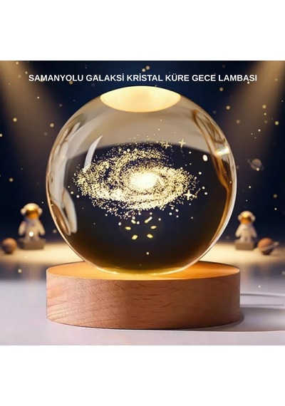 Samanyolu Desenli Kristal Küre Ahşap Standlı Gün Işığı Led Masa Lambası Reknli