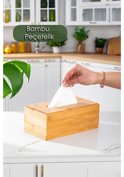 Bambu Peçetelik Ahşap Dekoratif Peçetelik Masaüstü Peçetelik, Kağıt Peçete Hazneli -
