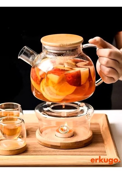 Vakumlu Bambu - Metal Kapaklı Isıya Dayanıklı Borosilikat Cam Demlik, Süzgeçli 1000 Ml Teapot Cam