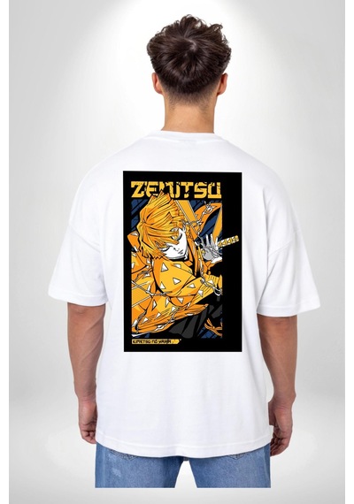 Zenitsu Agatsuma Anime Beyaz Oversize Unisex Ön Ve Sırt Baskılı Tişört Beyaz