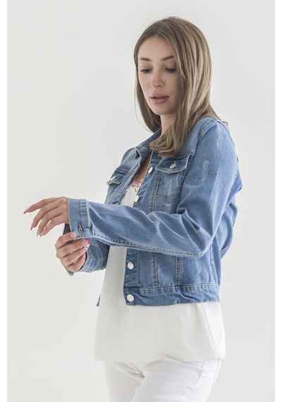 Power Streç Yıpratmalı Bleach Washing Denim Ceket 0922 Mavi