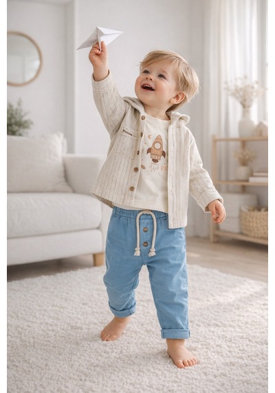 Babyhola Erkek Bebek Bayramlık Takım Roket Baskılı Kapüşonlu Üçlü Set 2217 Mavi