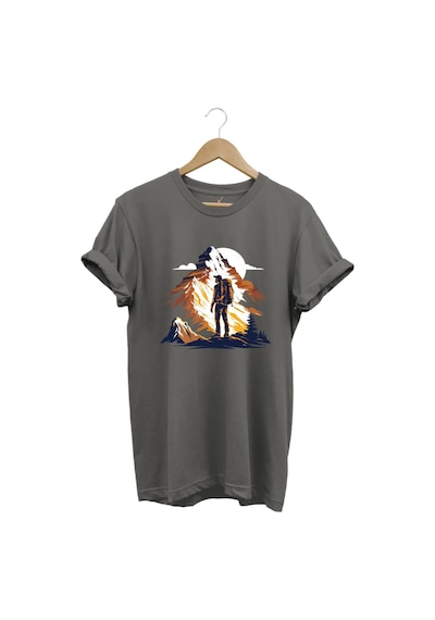 Mountain Dağ Yürüyüşü Ve Kar Manzara Baskılı %100 Pamuk Unisex Regular Fit T-shirt Gri