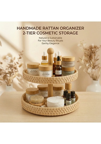 2 Katlı %100 El Yapımı Yuvarlak Sunumluk, Doğal Rattan Tabak, Sunum Tepsisi Bh24375-2 Rattan