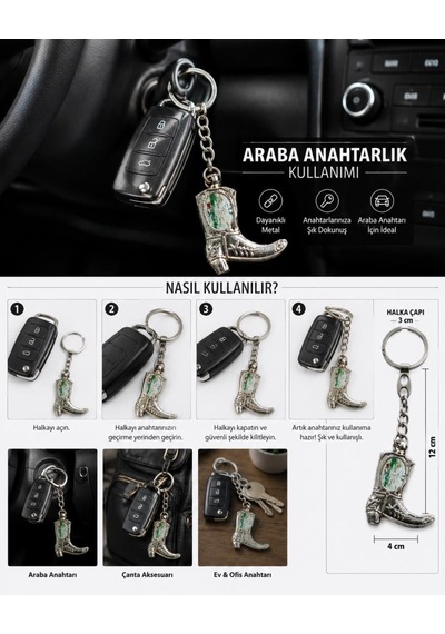 Metal Anahtarlık Araba Ev Ofis Anahtarı Çanta Aksesuarı Western Kovboy Çizme Figürlü 12 Cm