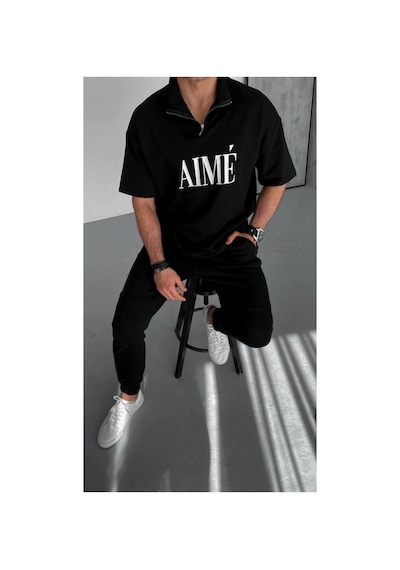 Erkek Tişört Yakalı Yarım Fermuarlı Kısa Kol Baskılı T-shirt - Siyah