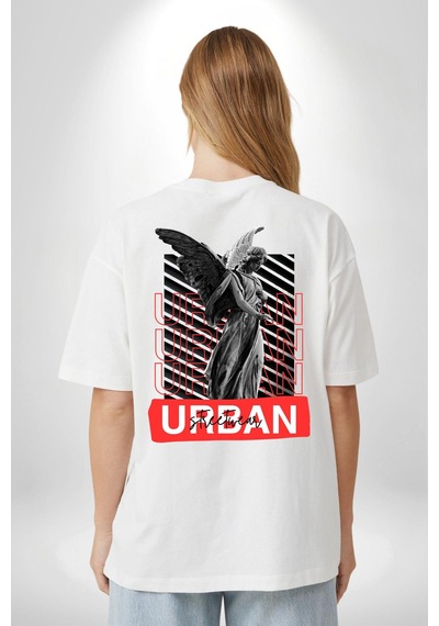 Şehir Sokak Stili Melek Heykeli Beyaz Oversize Unisex Ön Ve Sırt Baskılı Tişört Beyaz
