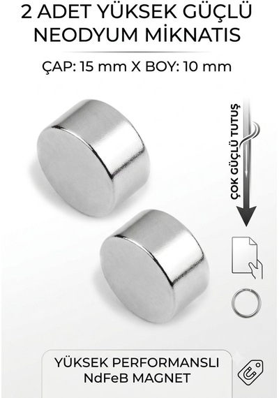 2 Adet 15x10 Mm Yuvarlak Neodyum Mıknatıs , Çok Güçlü Magnet, Çap: 15 Mm X Boy: 10 Mm