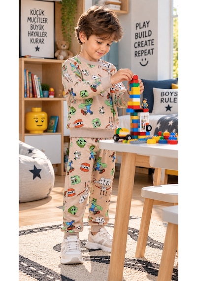 New Kids Erkek Çocuk Takım 2 İplik Şardonlu Mevsimlik Kollar Ve Paça Maşentli Detaylı Tmt Baskılı Çocuk Takım -91268 Kahverengi