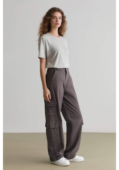 DeFacto Straight Fit Kışlık Gabardin Pantolon Kargo Cepli Normal Bel Düz Paça D3762AX24AUGR310 Gri