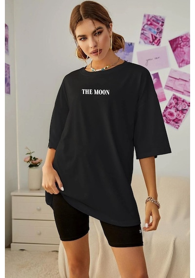 Unisex The Moon Baskılı T-shirt Siyah