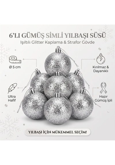 6'lı Simli Yılbaşı Ağaç Süsü Topu 5 Cm - Kar Topu Süsleme Seti - 9094084614759 Diğer