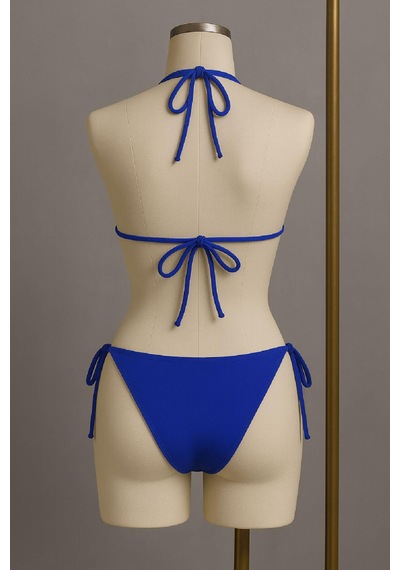 Moda Dua Kadın Mavi Yandan Ve Boyundan Bağlamalı Bikini Mayo Takımı
