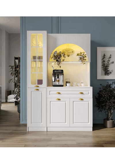 Guneystore Armoni Gold Midi Kahve Köşesi Sol Vitrinli Komple Mdf Beyaz