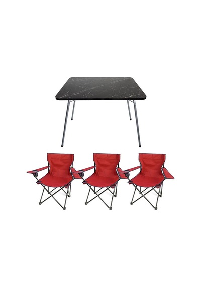 Bofigo 60x80 Cm Granit Katlanır Masa + 3Adet Kamp Sandalyesi Katlanır Sandalye Plaj Sandalye Kırmızı