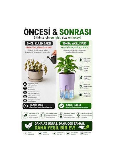 Akıllı Saksı Kendinden Sulamalı Fitilli Modern Dekoratif Saksı 2 Litre 06577596