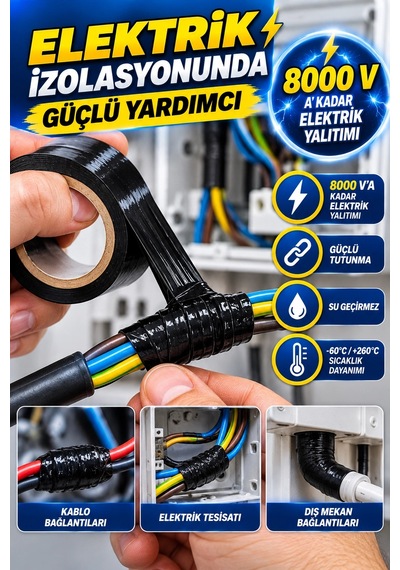Kendinden Kaynayan Silikon Tamir Bandı Siyah 25 Mm 1,5 M 3 Kat Esnek, 8000 V Yalıtım