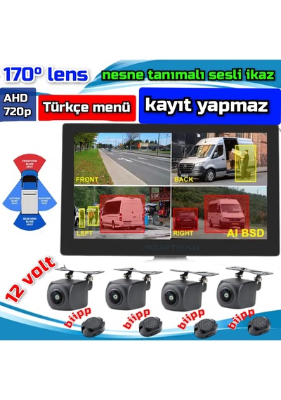 7'' Kayıtsız Ekran Araç Ve Yaya Tanımalı Sesli İkazlı 4 Kamera