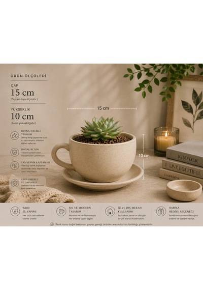 Momiko Beton Fincan Saksı - Bej El Yapımı Sukulent Saksısı