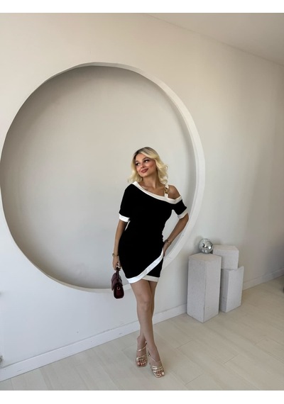 Veraura Lifestyle Kadın Kısa Kollu Asimetrik Kesim Yaka Şerit Ve Aksesuar Detaylı Modal Elbise Siyah